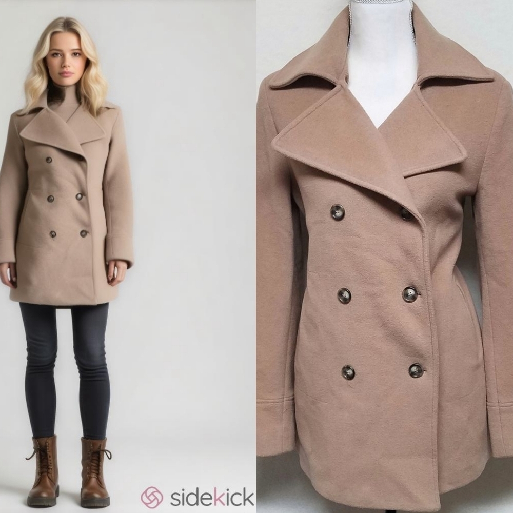 90s Vintage Andrea Cashmere Wool Taupe Notched Dagger Collar Peacoat 8